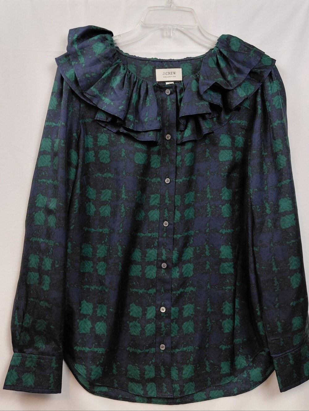J Crew Collection Silk Plaid Long Sleeve Blouse Size Small Ruffled Collar